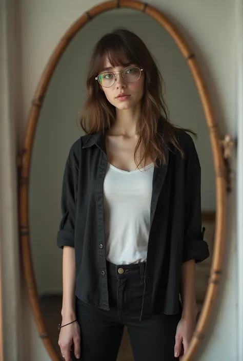 Short girl (Around 166 cm tall) with black shirt pants, white T-shirt, long brown hair and blue eyes, Wearing glasses, mirror selfie, with black socks 