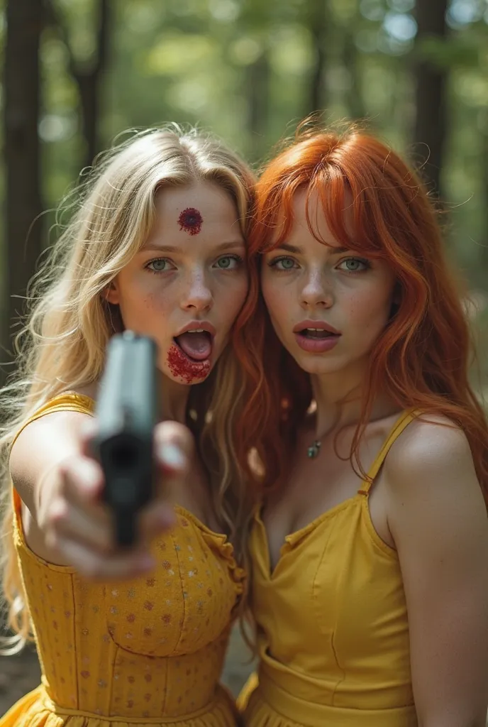 2 girls,  a blonde and a redhead , Dressed as princesses, dresses , one yellow, The other heavenly,  in a forest , pointed with a 9 mm gun. They have a bleeding bullet hole in their forehead, the head tilted ,  Eyes wide open, with your mouth wide open, to...