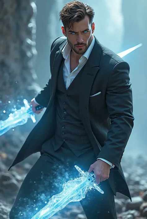 Tall and strong handsome man with brown hair in a black suit wearing a white shirt with a sky blue tie with two swords wrapped in ice in combat posture with glowing blue eyes