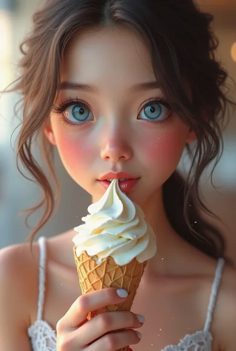 A beautiful girl with blue eyes eating realistic ice cream 