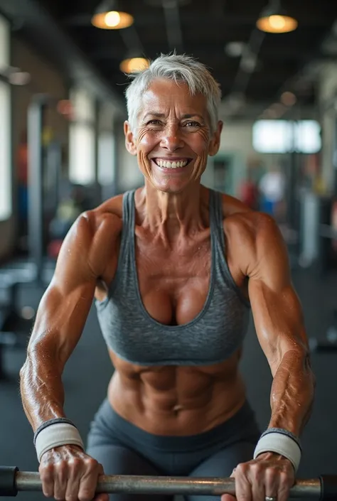 A 50-year-old woman with white hair and a healed body shaped ,doing crossfit 