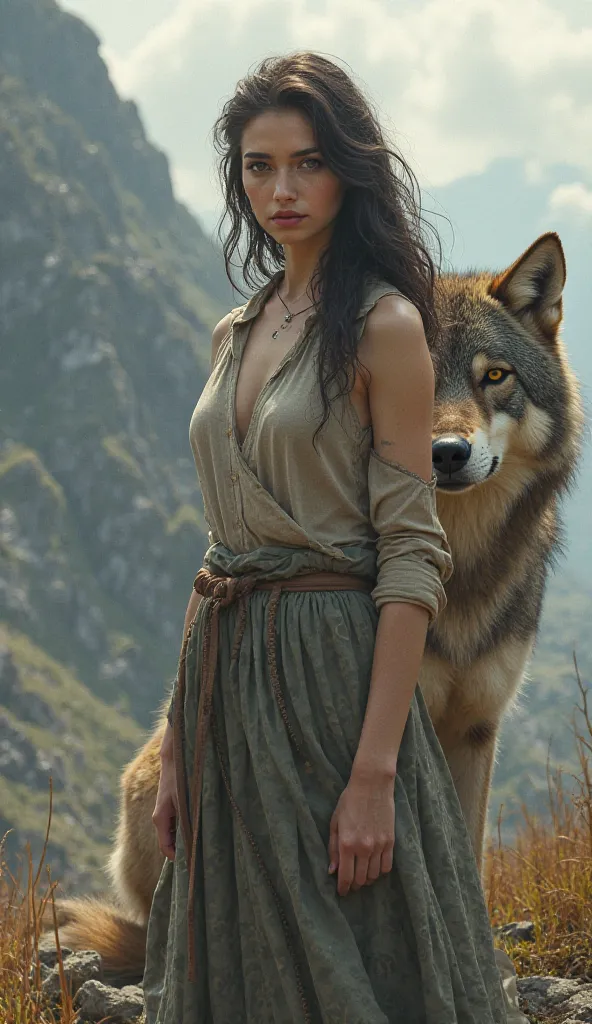 A girl stands and a wolf sits behind her as the embodiment of her power hidden from others