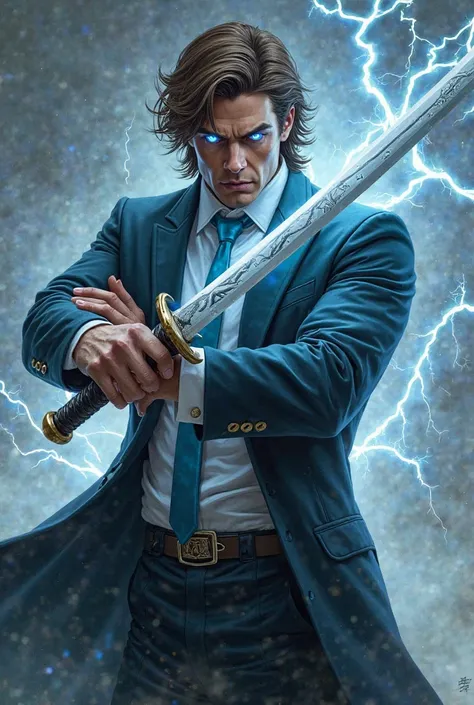 Tall and strong handsome man with brown hair in a black suit wearing a white shirt with a sky blue tie with two swords wrapped in lightning in combat posture with glowing blue eyes