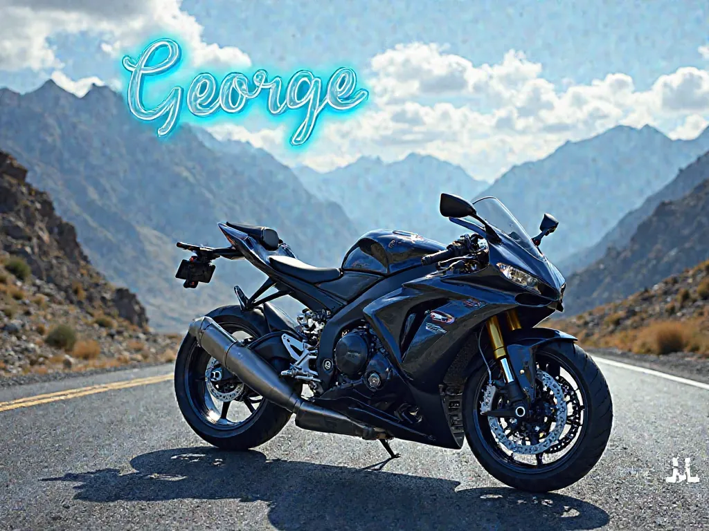  A high-end sports bike ,  side view , with intricate details and an aerodynamic design. The background landscape is a winding road through rugged mountains, with a vibrant blue sky and scattered clouds. with the text  "George" in the background with speci...