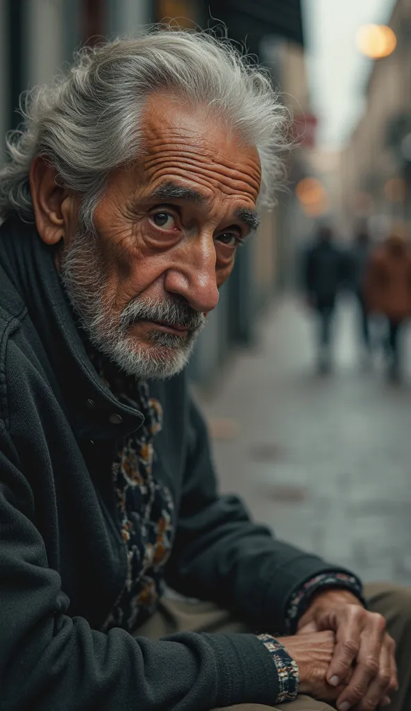 Two eyes of an old man named Luis meets a small smile on a bench in the blurry street. 