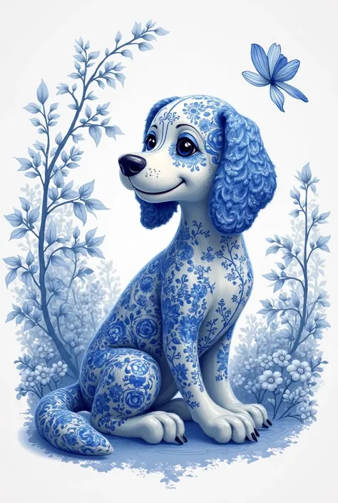 Make this dog designed in the BLUE WILLOW style only in BLUE and white colors 