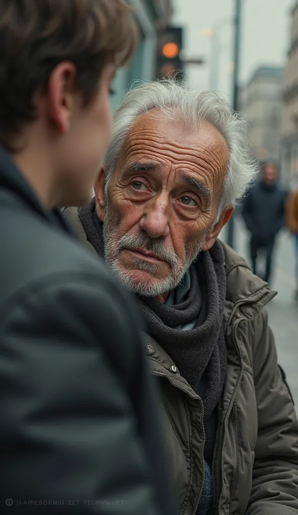 Two eyes of an old man named Luis meets a small smile on a bench in the blurry street. 