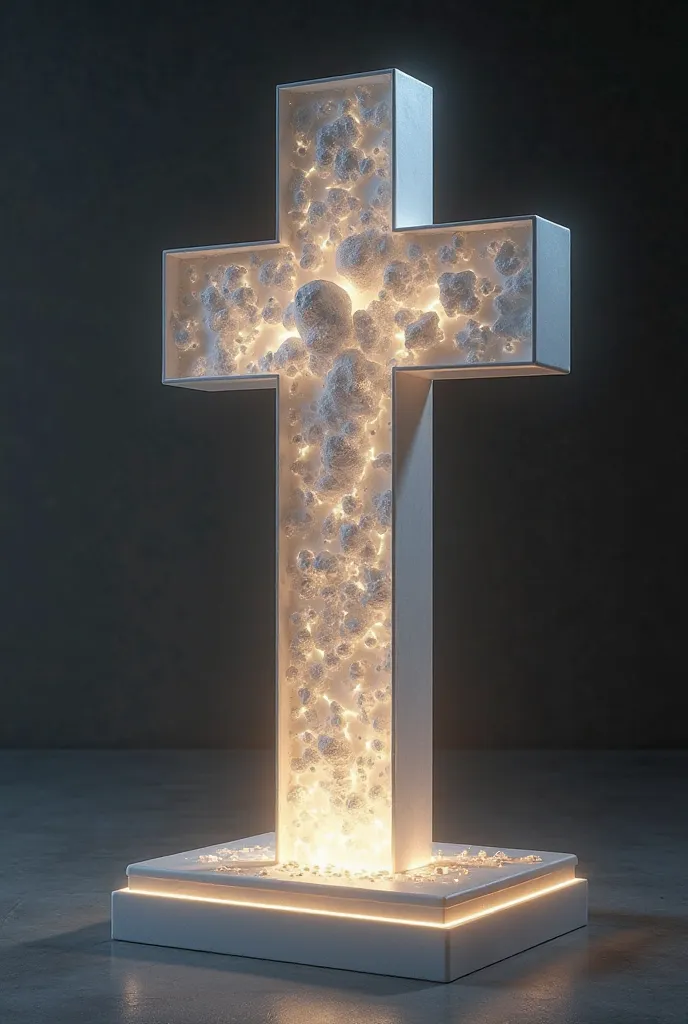 Create a three dimensional sculpture of a cross that uses light