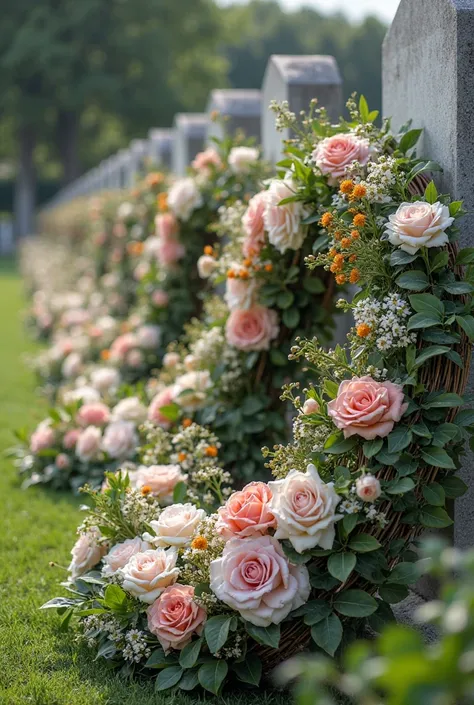 Burial site decoration — installation of wreaths and fresh flowers.
