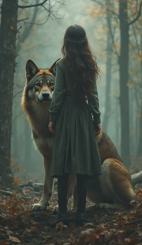 A girl stands and a wolf sits behind her as the embodiment of her power hidden from others