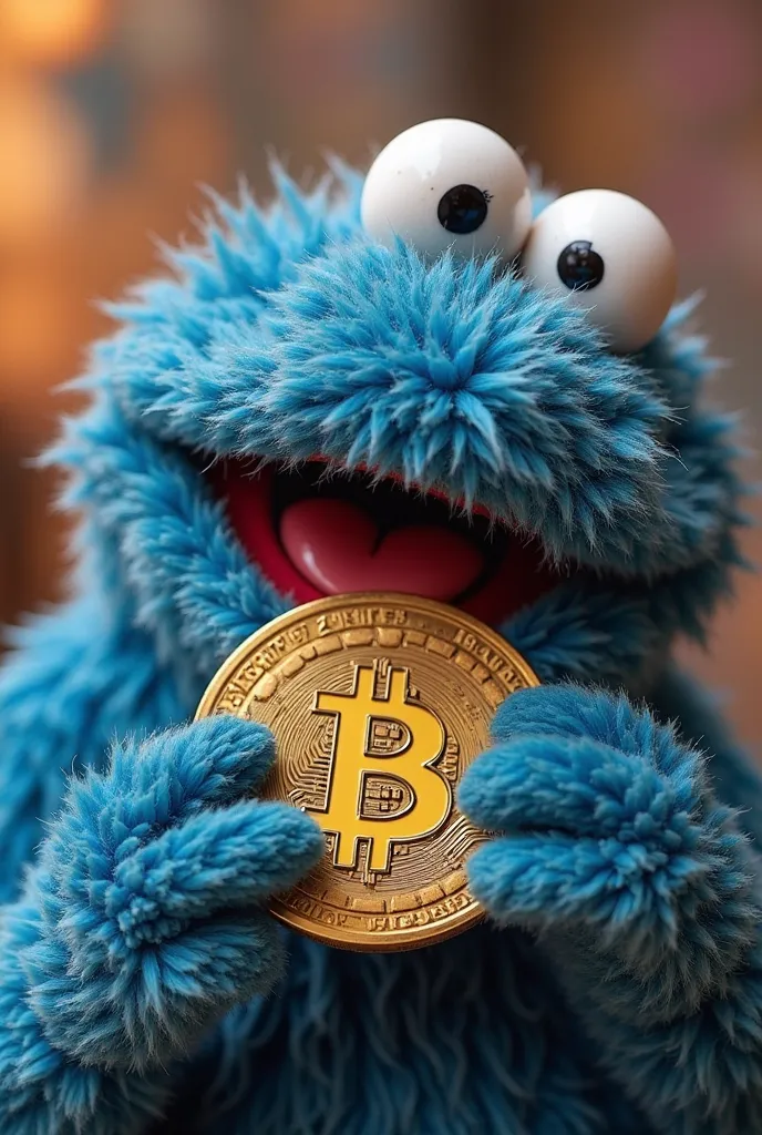 "Un personnage Muppet en peluche bleu vif, avec une fourrure texturée et ébouriffée, des yeux globuleux et une bouche expressive. Il tient une pièce en or avec le logo BTC gravé dessus et la croque comme un cookie, avec des miettes dorées tombant de sa bou...