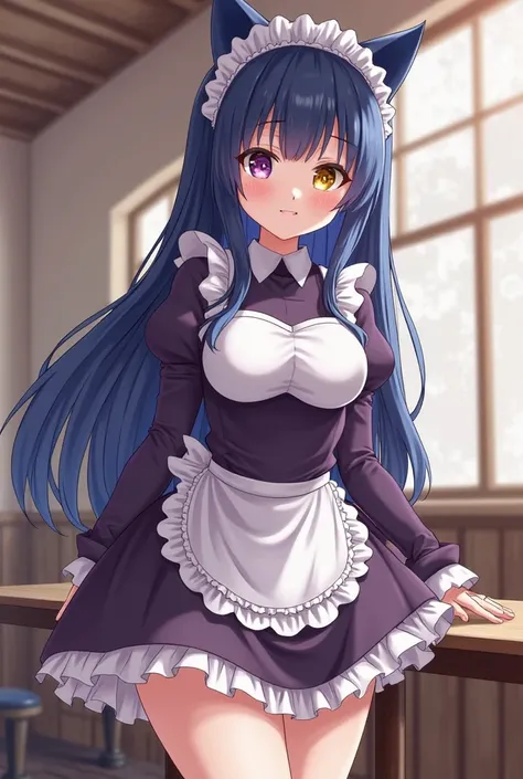 is a towering 210 cm tall. She has two different colored eyes: the left is purple, and the right is golden yellow. She wears a dark purple maid uniform that accentuates her massive bust and wide hips. Her hair is a deep blue, resembling the night sky. Poii...