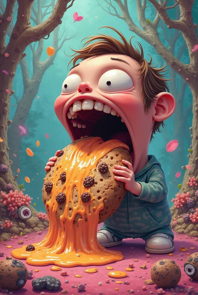 Someone eating a cookie but messily and theres slime coming out of mouth