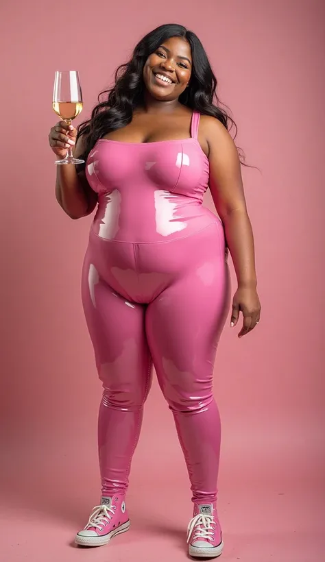 curvy fatty catsuit posing for full body photo,  smile, pink latex catsuit, She is wearing a glass of wine in her hand and Converse All Star Taylor Chuck pink sneakers 