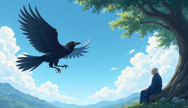 (Highest quality, masterpiece, High resolution)、4K Anime Art、Soft Light, The crow, with a sense of realization and newfound understanding, flies back swiftly towards the sage. As it returns, its wings spread wide, and the sky above seems clear and open. Th...