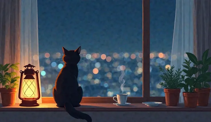 Black cat sits on windowsill, observing city night.  Detailed anime style,  still life.  Silhouette of cat,  dark fur,  angry expression,  observing night cityscape.  City lights visible through large window.  Warm, golden light from lantern casts soft glo...