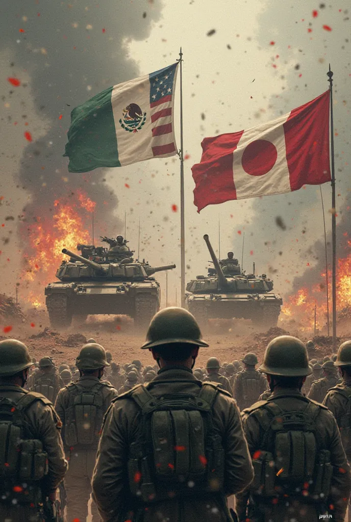 Create me an image where there is a war between the United States and Japan and Mexico defends Japan