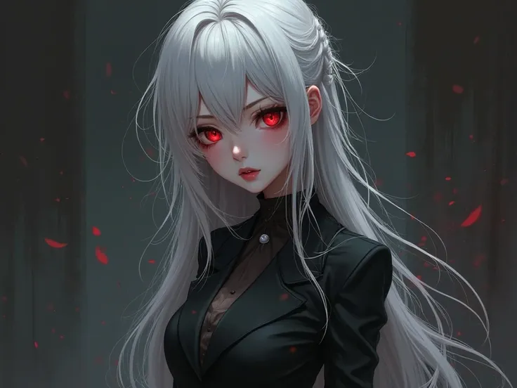 A young beautiful anime woman with long messy white hair and red eyes with dark eyeshadows dressed in a Three-piece black business suit.