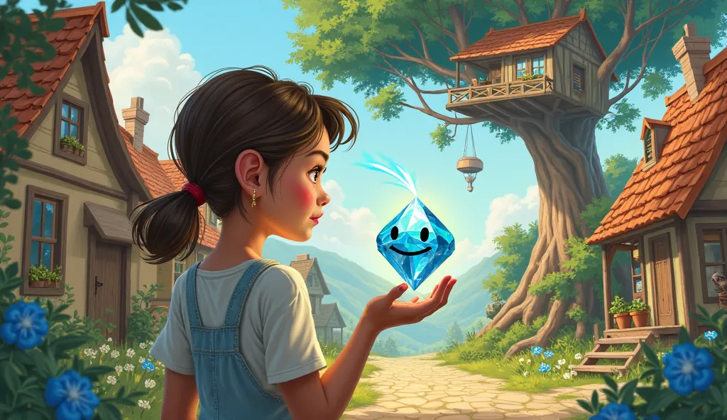 A girl is standing in a village, holding a diamond in her hand with a smiley face. She is looking at a treehouse on a tree in front of her while other people are also around her.







