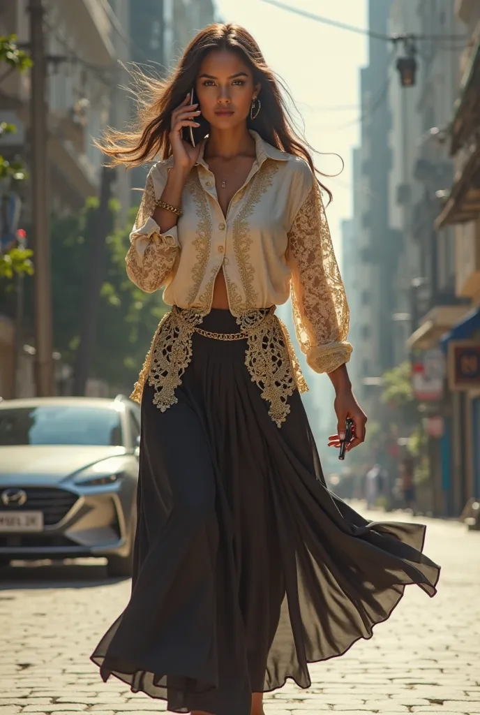 a woman walking down a street talking on a cell phone, wielding a keris sword, trending on tiktok, golden lace pattern, super model-s 100, third trimester, long skirt, car shot, accompany hybrid, linkedin, the wind moves her shirt, femalev beauty, adriana ...