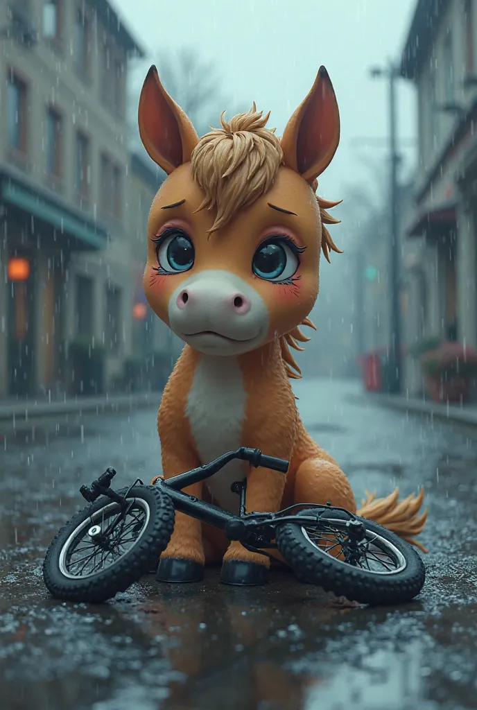 A anime baby horse crying and sad in the rain since they don’t know how to ride a bike and the bike lays on the floor.