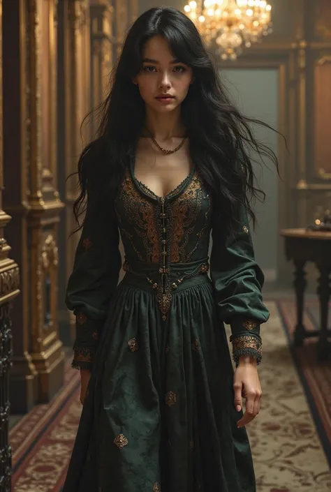 The  girl enters with long black hair and the clothes of the big house, but she feels very cold 