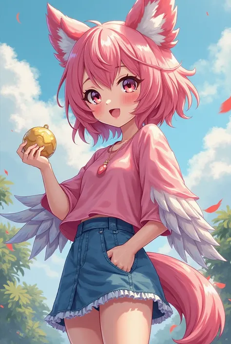 anime style, a young Pata wearing a short pink blouse and a denim skirt, She has shiny feathers and a cute beak