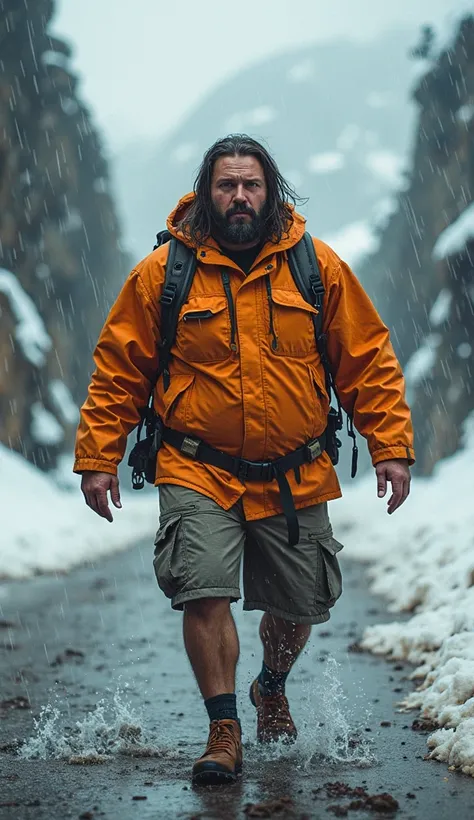  dramatic scene, an adventurous fat man with long straight hair wearing an orange raincoat coat , knee-length cargo shorts, Through very heavy rain on rugged mountain streets and snowdrifts