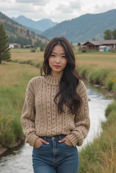 Professional a beautiful asian woman wearing sweater and jeans denim, on the nature of Colorado, beautiful landscape, river, ranch