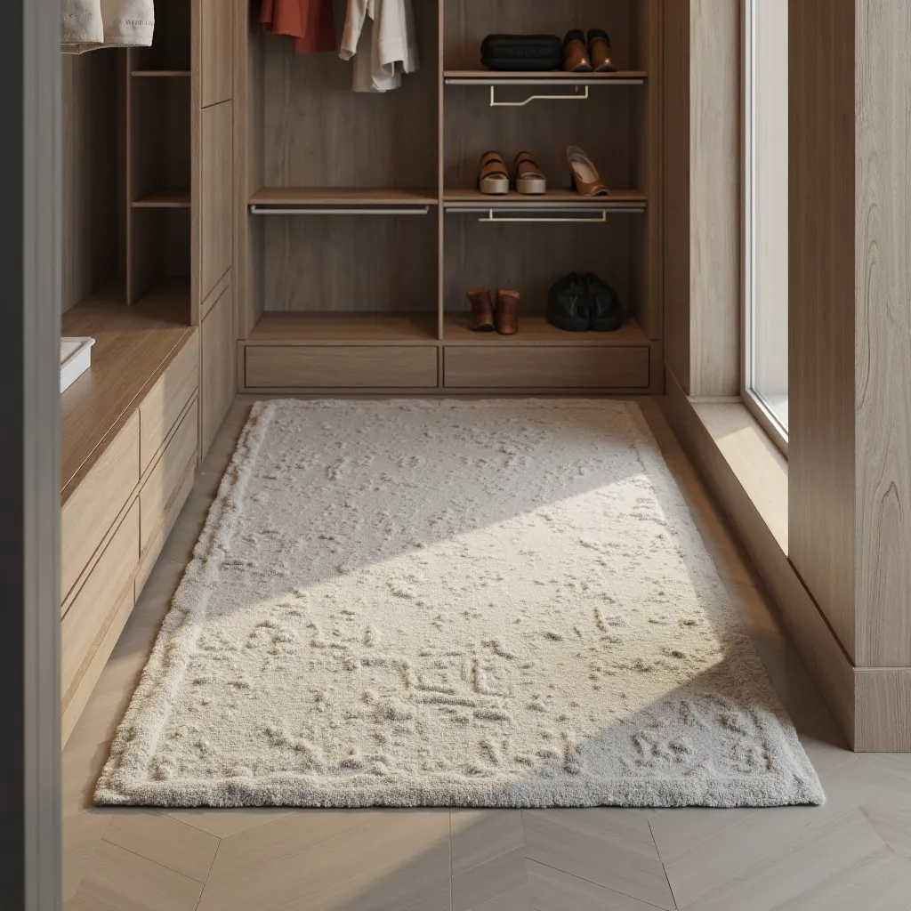 Make a rug in a modern closet so that only the carpet is shown in its entirety and parts of the closet, But don't show the full closet