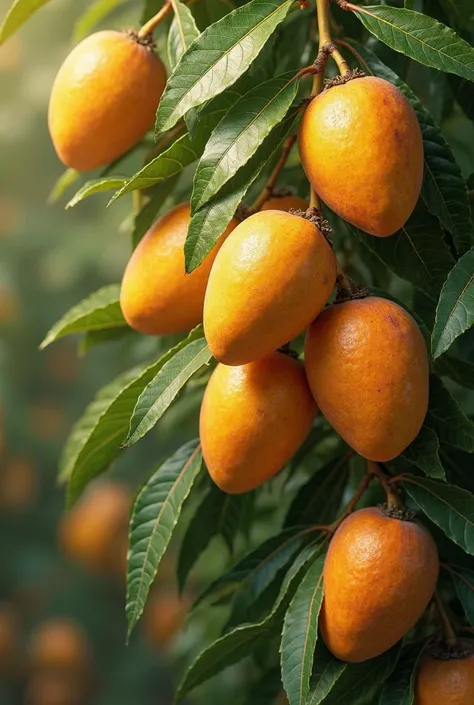 Wallpaper with ripe and realistic mangoes and mango leaves