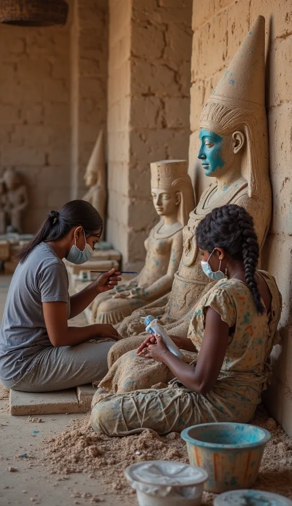 In a workshop surrounded by stone walls, Egyptian women focus on the finalization of freshly sculpted. Some are mixing natural pigments to create vibrant paints,  while others , with fine brushes made of natural fibers, they delicately paint the eyes and c...