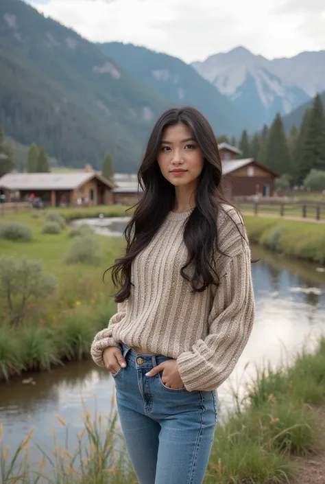 Professional photo graphya beautiful asian woman wearing sweater and jeans denim, on the nature of Colorado, beautiful landscape, river, ranch