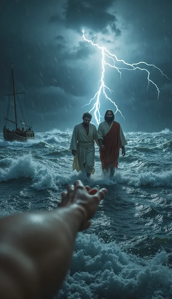 "A first-person perspective of me, as Peter, walking on the stormy sea at night. My arm is visible in the foreground, extended in a natural first-person angle, as Jesus firmly holds my arm beside me. Jesus is walking alongside me on the turbulent water, Hi...