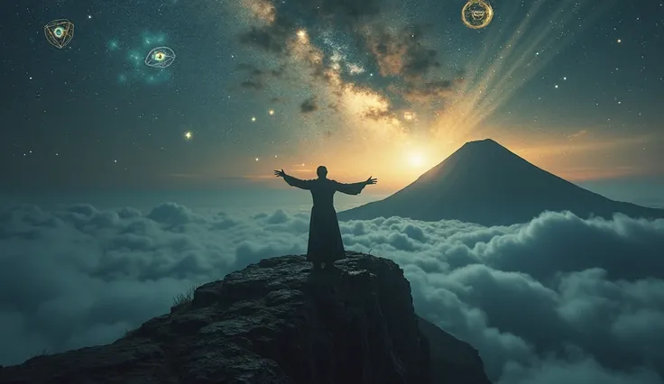 Create a night scene on a mountain in Mexico, with a starry sky and a mysterious fog surrounding the environment. In the center, Aleister Crowley stands on a cliff, arms outstretched, looking toward the horizon. Rays of golden and silver light emanate from...