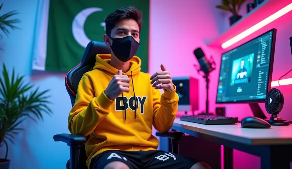 *A confident Pakistani boy sits on a sleek, modern gaming chair in his high-tech YouTube studio. He wears a vibrant yellow hoodie with "Ai Boy" boldly printed across the chest, along with black shorts that also have "Ai Boy" written in a stylish, futuristi...