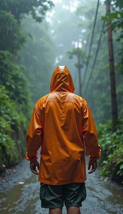 Dramatic scenes of rainstorm, an adventurous fat man clean face long straight hair wears waterproof raincoat model veil orange , Knee length cargo shorts, Penetrating Heavy rain, very heavy on the steep and steep streets of Indonesia's tropical mountains