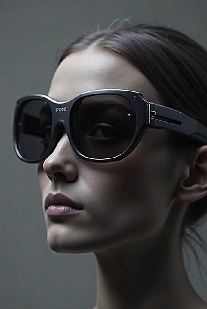 Ultra-thin and futuristic augmented reality glasses, with a design similar to the wayfarer but more modern. Smoked lenses with small LED projectors on the edges, thin pins with tactile sensors, and a discreet camera on the bridge. Carbon fiber frame in mat...