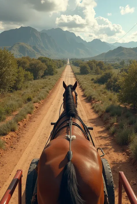 First-person view from the top of a cart with a horse on a dirt road towards the mountains of Minas Gerais, looking at the back of a horse from above the cart, throw