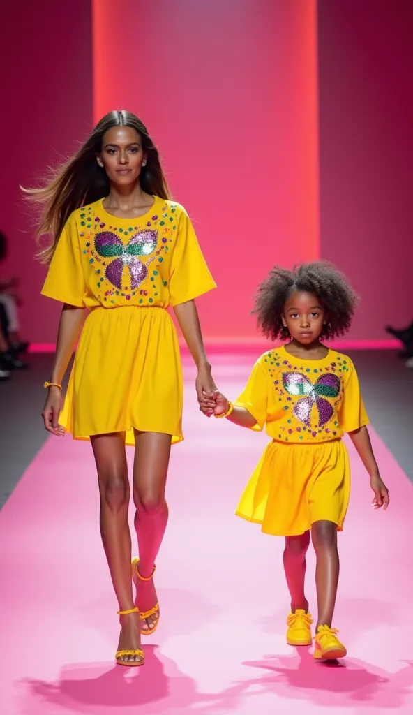 A vibrant and cheerful "mother and daughter" fashion photo from a runway show. A woman and a girl are walking down a pink runway, holding hands while standing a short distance apart, creating a dynamic sense of movement and lightness. They are dressed in m...