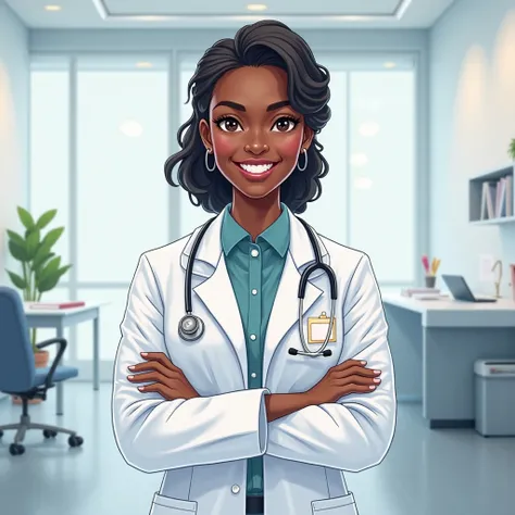 Draw a picture of a black doctor with crossed arms smiling 