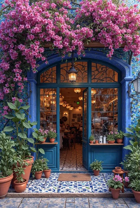 Blue Talavera coffee shop with bougainvillea 