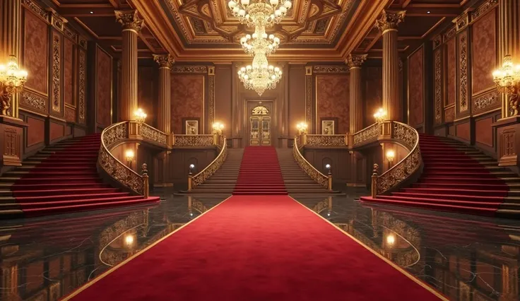 Iperrealistic image, 4K, reception hall of a red carpet gala, very luxurious, James Bond movie type, without people