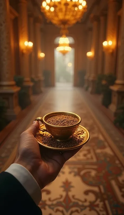 Imagine an ultra-realistic scene in POV, where the spectator "See " the palace environment through the eyes of Lula. Lens In the foreground, part of your hand — perhaps with the subtle details of an elegant suit — holds an exquisite cup of coffee. Within i...