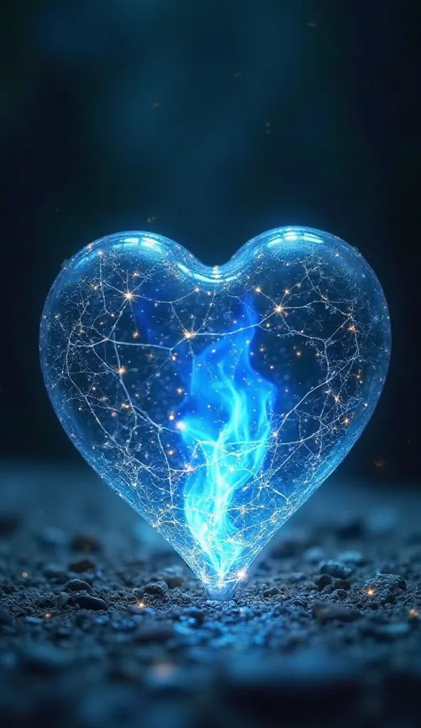 A translucent glass heart with fine cracks running across its surface, yet remaining unbroken. Inside the heart, a vibrant blue flame shines intensely, emanating tiny light particles. The background is dark and ethereal, with a subtle glow emerging from be...