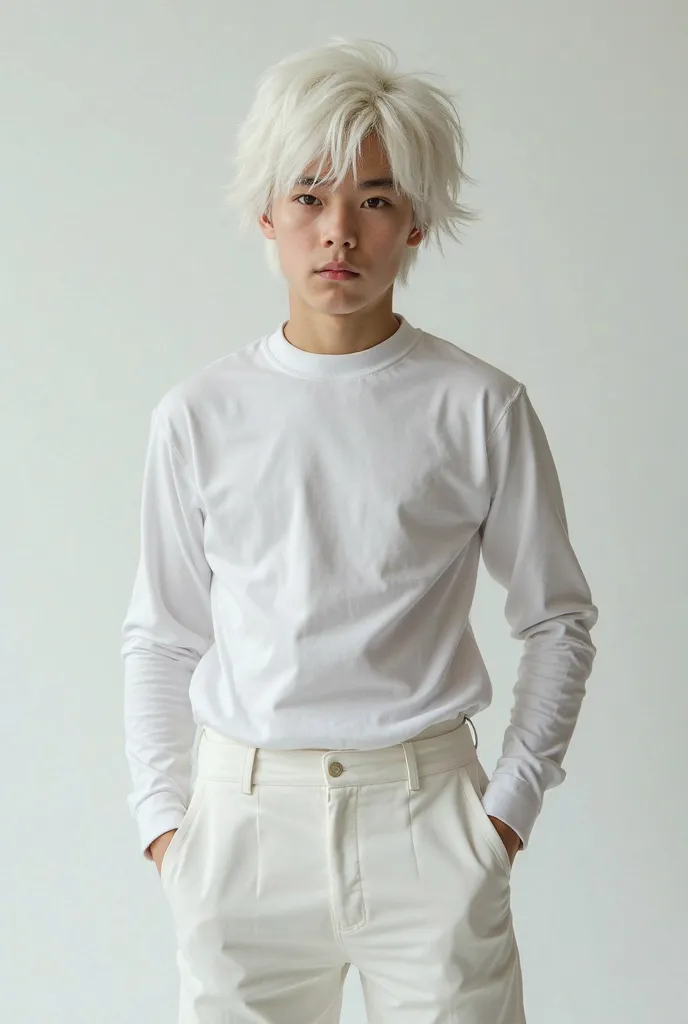  I want a white-haired boy, a white shirt that marks his chest muscles and white pants. 
