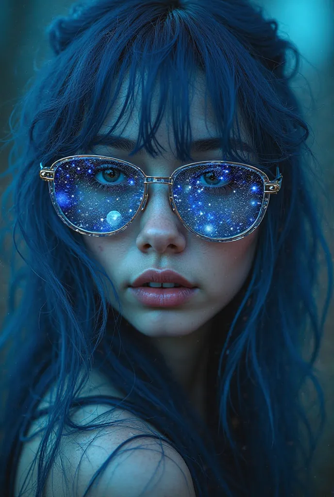  Model is wearing glass sunglasses with stars and the moon on the glass.
With midnight blue hair 
Lila color eyes 