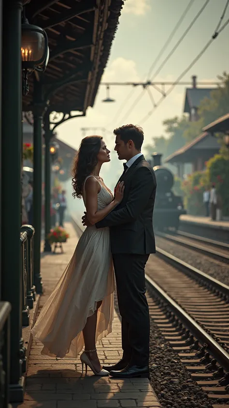 A man is standing on the train step, a beautiful sexy woman is standing on the rails and looking at the man. The setting is a railway station, in a beautiful setting.