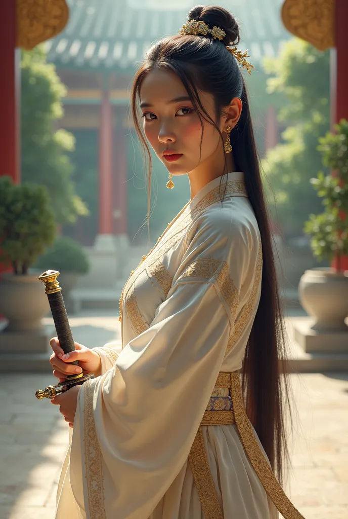 Beautiful princess soldier of the Joseon Dynasty, In the gardens of a grand palace, With a hilt sword, light elegant clothes, long hair, Hair wearing elegant men's clothing, simple hairstyle