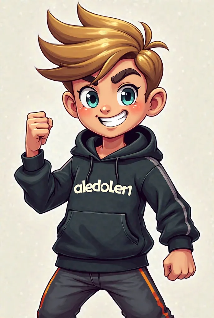 Create me a mascots logo of a gamer boy with blond brown hair wearing a black sweatshirt that has the letters aledobler1 below 